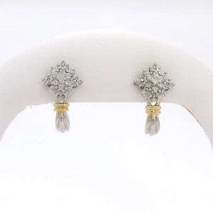 14k Gold Natural Diamond Drop Stud Earrings Cluster Snowflake Two Tone - Picture 1 of 5