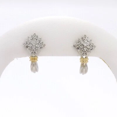 14k Gold Natural Diamond Drop Stud Earrings Cluster Snowflake Two Tone - Image 1 of 4