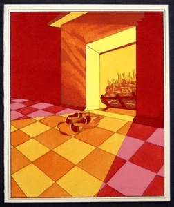 1920's ART DECO XMAS GREETING CARD,  POCHOIR, MATTED- DUTCH WOODEN SHOES, FIRE - Picture 1 of 3