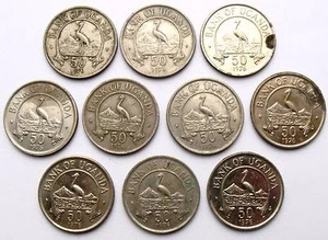 10 X UGANDA 50 CENTS 1976 - BIRD CRANE MAGNETIC KM4a VF 10 COINS WHOLESALE - Picture 1 of 5