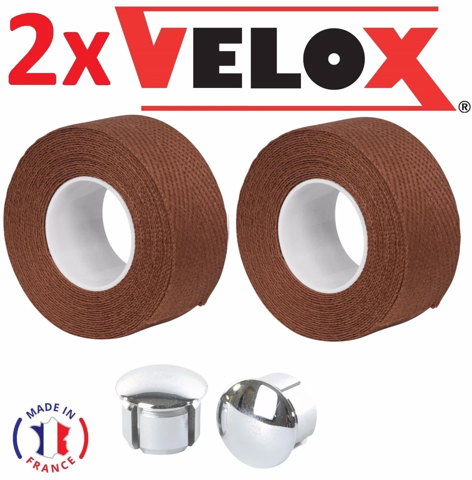 COTTON BROWN HANDLEBAR TAPE + CHROMED PLASTIC END CAP VELOX BIKE RETRO VINTAGE - Image 1 of 1