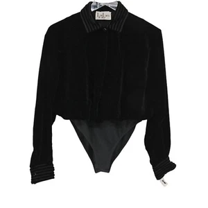 Vtg BARBARA KATZ Velvet Bodysuit Womens Size S Black Long Sleeve 80s Deadstock - Picture 1 of 16