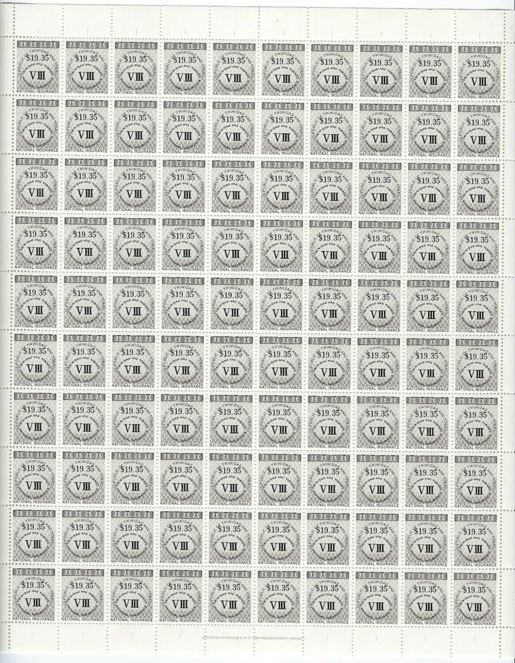 Hoja de 100 estampillas de seguro nacional de Trinidad y Tobago de $19,35 como nuevas nunca montadas Foto 1 de 1