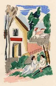 IM GARTEN VOR DEM HAUS - Adolphe FEDER Colorierte Lithographie a.Perrigot Arches - Picture 1 of 1