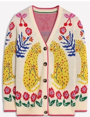 Nuevo Cárdigan Elástico Boden Lagenlook Crema Guepardo Floral Botón L Foto 1 de 4