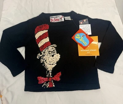NUEVO CON ETIQUETAS Michael Simon Dr Seuss Suéter Cárdigan De Colección Niños Niñas 2T Gato en Sombrero Lentejuelas Foto 1 de 4