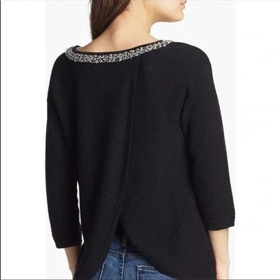 Suéter Top Pullover Manga 3/4 Tejido Texturizado Cuello Adornado Negro con Bisagra Foto 1 de 4