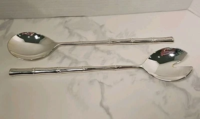 Silver Tone Bamboo Handle Salad Tosser Serving Spoon Fork Flatware Italy. New. - Image 1 of 4