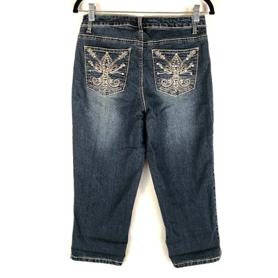 Revolt Womens Jeans Capri Size 6 Blue Sequins Embroidered Stretch Denim  - Image 1 of 4