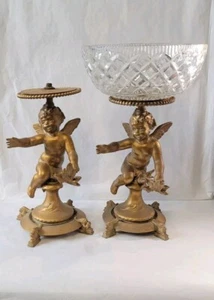 Antique Pair Gilt Metal Churb Putti Cut Crystal Compote Dish - Picture 1 of 21