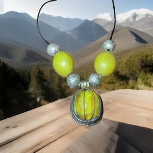 Antique Tibetan Silver & Yellow Pendant & Beaded Necklace Circa 1860 On New Cord - Picture 1 of 12