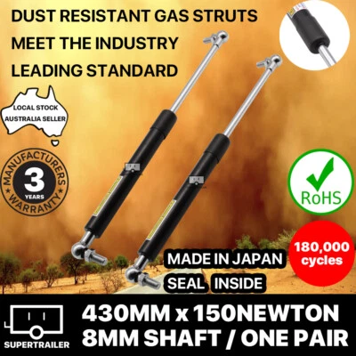 2x gas struts 430mm 150n (8mm shaft) camper trailer caravan canopy toolbox strut - image 1 of 4