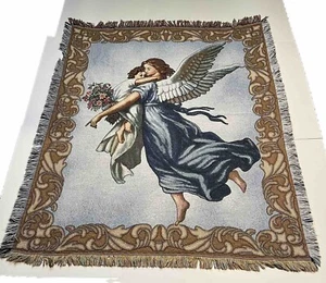 Vintage American Weavers Guardian Angel Throw Tapestry Wall Hanging 56x46 - Picture 1 of 6