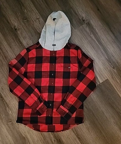 VETEMENTS Felpa con cappuccio AFWD da uomo XL rossa nera a quadri camicia abbottonata manica lunga
