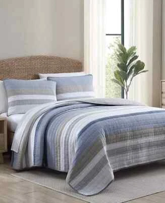 Nautica Galewood Beige Blue Stripe Cotton Reversible 3-Piece Quilt Set, King - Image 1 of 4
