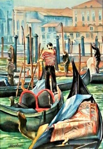 FAB! MARY ANN NEILSON Listed AMERICAN Artist Sd ORIGINAL W/C GONDOLIERS FRAMED - Picture 1 of 12