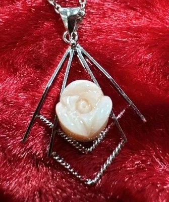 925 Silver Coral Carved Flower Mason? Pendant Necklace Estate Fine Jewelry - Image 1 of 4