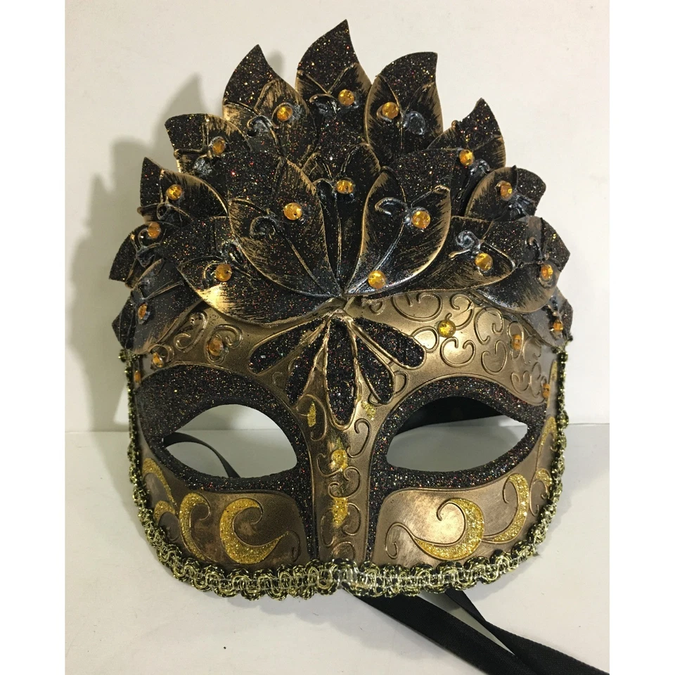 Venetian Masquerade Mask Gold Brown Glitter Feather Mardi Gras Costume Halloween - Image 1 of 4