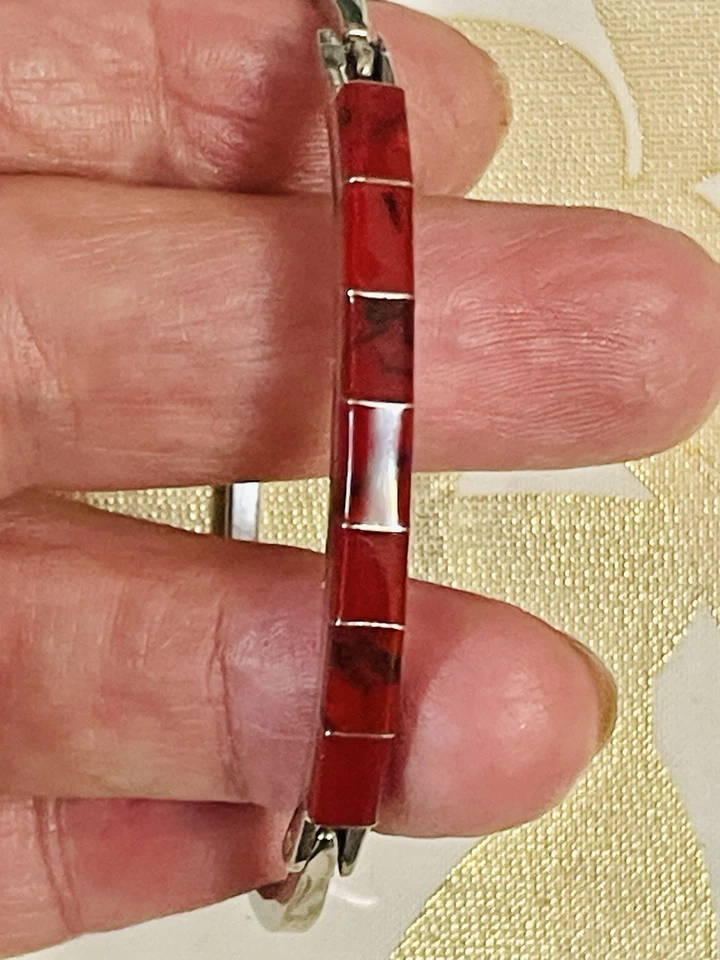 Vintage Southwest Sterling Silver Red Jasper Cuff Bangle Bracelet Coral Color - Image 1 of 4