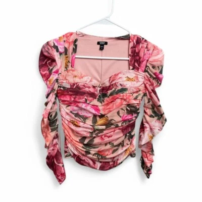 Top floral acanalado de malla coqueta Y2K XS romántico babydoll hada suave glamour Foto 1 de 4