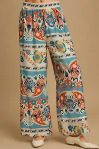 Wide Leg Border Print Plus Size Pants Elastic Waist Pockets - Picture 1 of 9