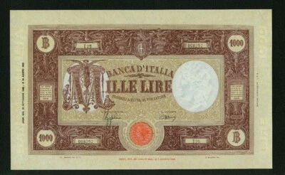 ITALY BANCA D'ITALIA 1943  1,000 LIRE BANKNOTE, ALMOST UNCIRCULATED, PICK#72a - Image 1 of 2