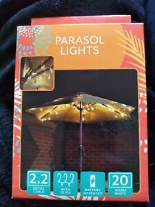 PARASOL LIGHTS 20 Warm White 2.2m + Clips battery Operated - New boxed