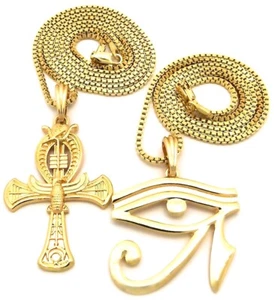 Eye Of Ra With Ankh Egyptian Necklace Set 24 & 30 Inch Box Chain Djed of Osiris - Picture 1 of 5