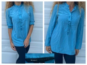 MARC JACOBS BLUE SILK HALF BUTTON DOWN POPOVER BLOUSE TUNIC TOP 4 - Picture 1 of 10