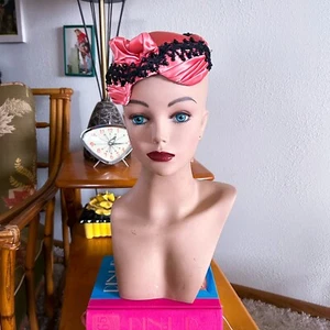 Vintage 1940s Hat Pink Coral Pink Satin Burlesque Pinup Cocktail Costume 40s - Picture 1 of 8