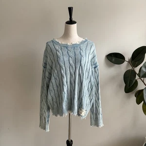POL Damen Pullover Oberteil verwaschen blau Zopfmuster Used Größe S Oversized - Bild 1 von 6