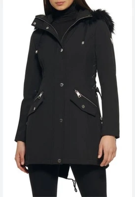 NWT Guess Faux Fur Trim Hooded Lace-up Side Softshell Jacket Color Black Size M - Image 1 of 2