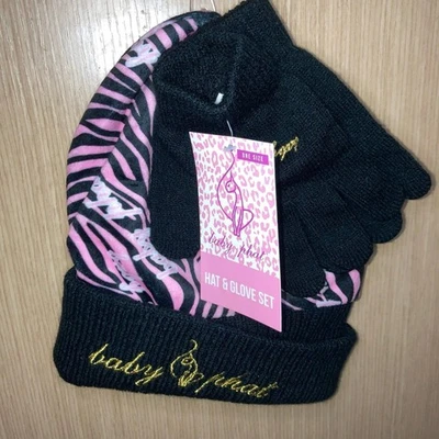 Nuevo Conjunto Gorro y Guantes Baby Phat Niños Rosa y Negro Estampado Cebra Y2K Foto 1 de 2