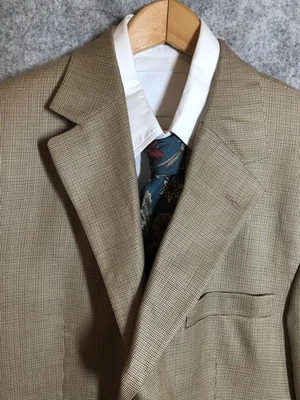 Andrew Fezza Blazer Mens 42L Tan Brown Silk Wool Houndstooth Jacket Sport Coat - Image 1 of 4