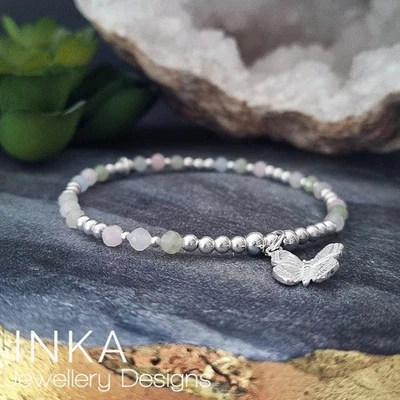 Pulsera mariposa con cuentas de plata de ley 925 cuentas de morganita pastel de INKA Foto 1 de 4