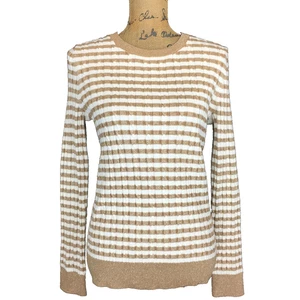 Neu mit Etikett Talbots Pullover SMALL hellbraun weiß gold metallic silber Streifen Zopfmuster Oberteil - Bild 1 von 3