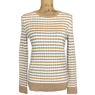 Nuevo con etiquetas Suéter Talbots PEQUEÑO Tostado Blanco Dorado Metálico Plateado Rayas Cable Tejido Top Foto 1 de 3