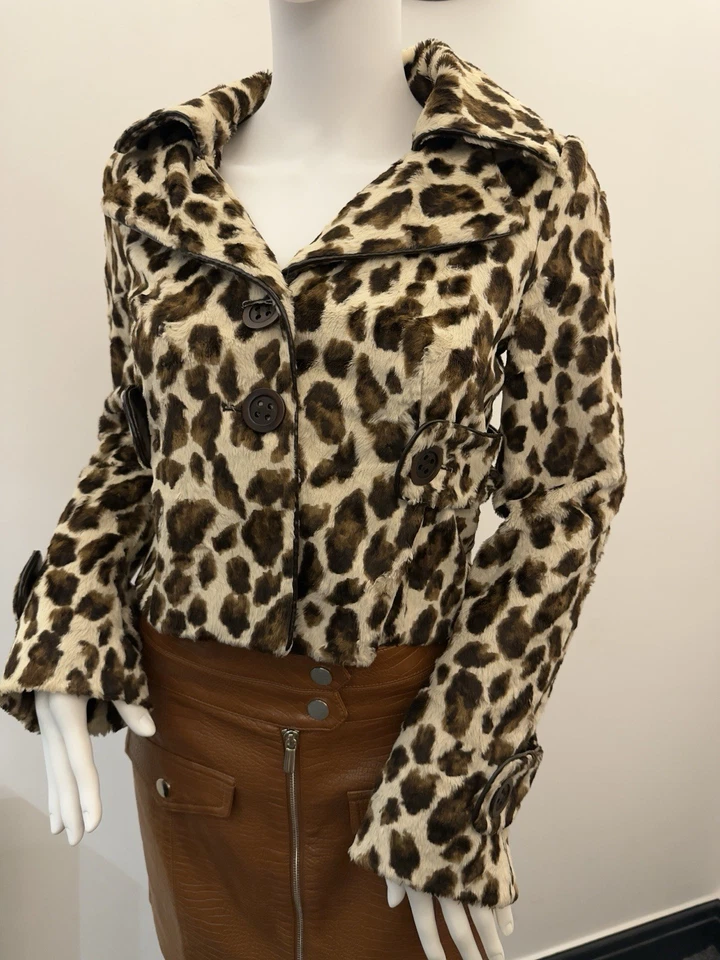 KAREN MILLEN UK8/10 EU36/38 US4/6 Tailored Faux Fur Leopard Trench short coat - Image 1 of 4
