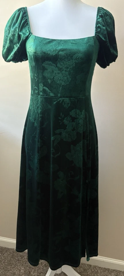 Women's Y2K Green Velvet Burnout Midi Dress Puff Sleeves Smocking Small HOCO - Image 1 of 4