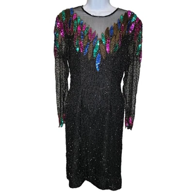 Vintage Scala Black Beaded Sequin Silk Dress Sz M Holiday Party Festive Glam - Image 1 of 4