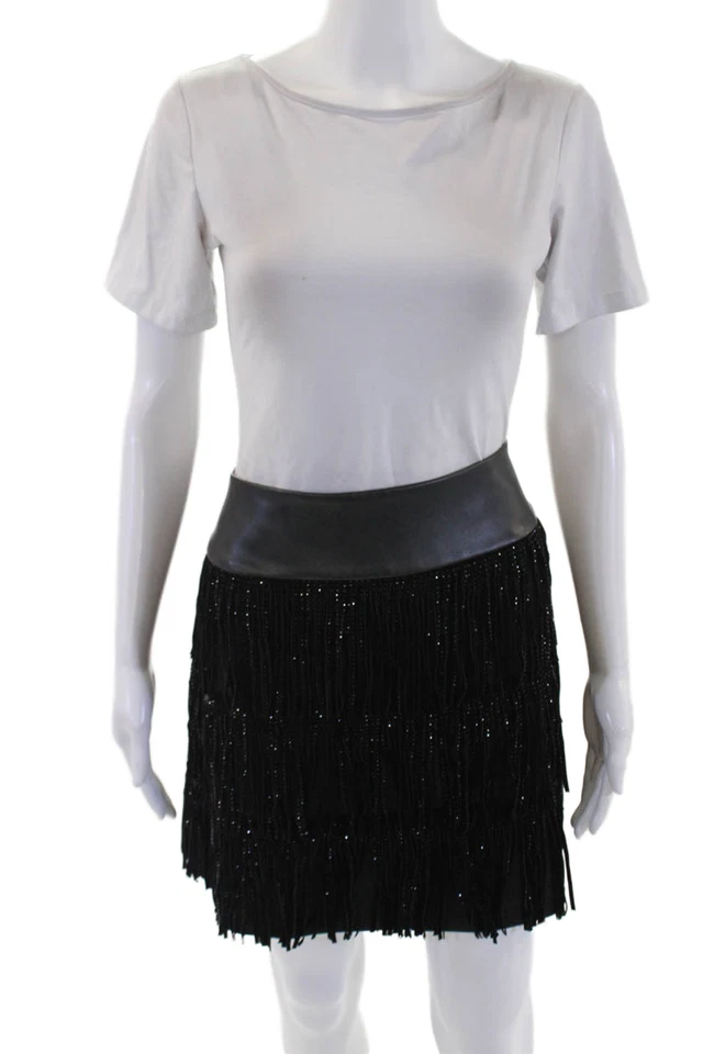 DKNY Womens Faux Leather Beaded Fringe Mini Skirt Black Size 12 - Image 1 of 4