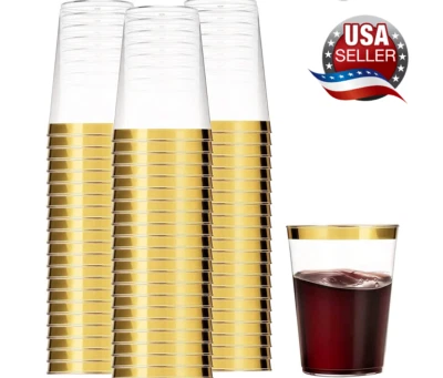 Simcha Collection 10 Oz disposable Fancy Gold Rim Clear hard Plastic Cup Bulk - Image 1 of 4