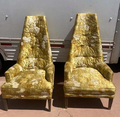 MID CENTURY HIGH BACK CHAIRS FLORAL YELLOW GOLD WHITE A PAIR Cover