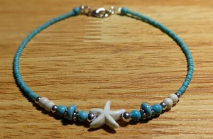 Women's Beaded Ankle Bracelet, Turquoise, White Howlite Starfish - Picture 1 of 2