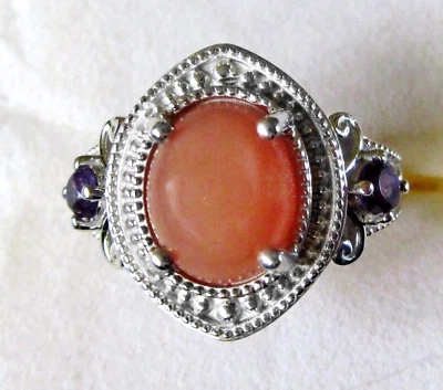 Anel Peach Moonstone & Amethyst / tamanho 7 / prata esterlina 925 / 4,4 ct 6,4 g - Imagem 1 de 4