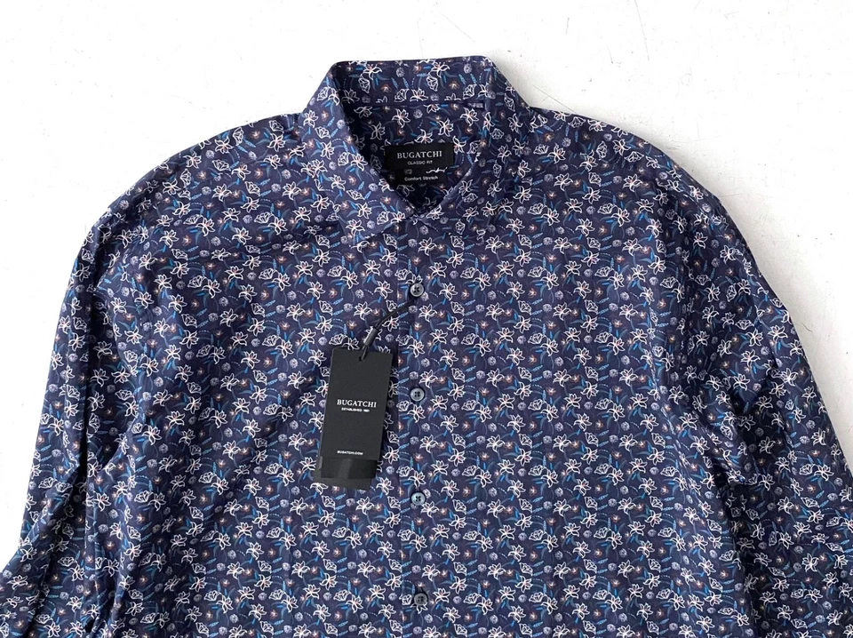 Bugatchi Nwt Classic Fit Comfort Stretch Navy Blue Floral Long Sleeve Shirt L - Image 1 of 3