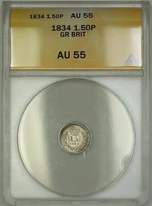 1834 Great Britain 1.50P 1 1/2 Pence Silver Coin ANACS AU-55 - Picture 1 of 2