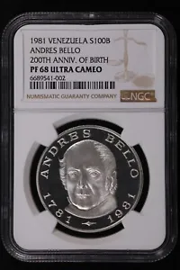 1981 Venezuela (Andres Bello) 100 Bolivares, Proof Silver Coin - NGC PF 68 UC - Picture 1 of 2