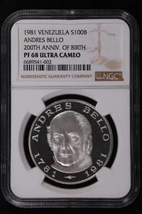 1981 Venezuela (Andres Bello) 100 Bolivares, Proof Silver Coin - NGC PF 68 UC - Picture 1 of 2