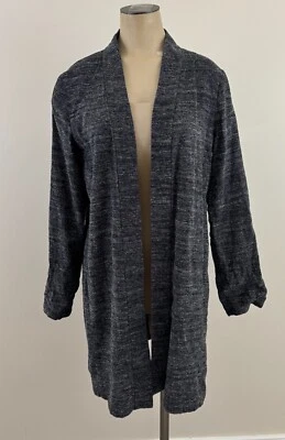 Cárdigan largo EILEEN FISHER pequeño gris negro brezo seda negro lino frente abierto Foto 1 de 4